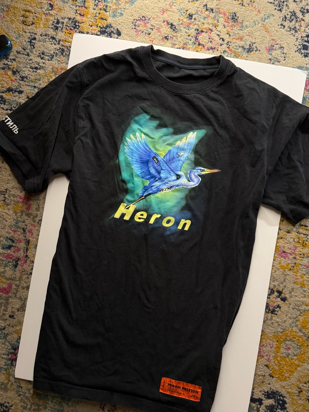 Heron Preston Black Tee with Blue & Green Heron Graphic